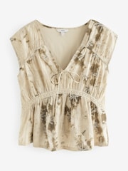 Khaki Green Broderie V-Neck Lace Detail Short Sleeve Top - Image 5 of 6