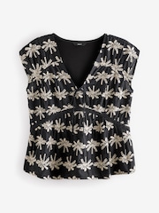 Black with Tan Broderie V-Neck Lace Detail Short Sleeve Top - Image 1 of 1