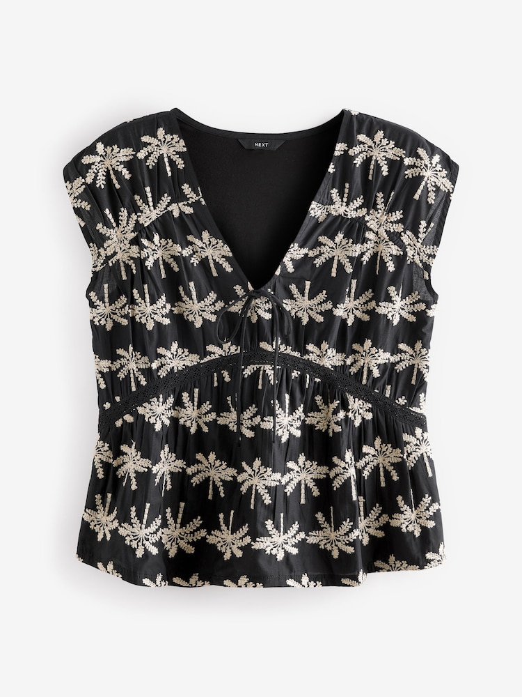 Black with Tan Broderie V-Neck Lace Detail Short Sleeve Top - Image 1 of 1