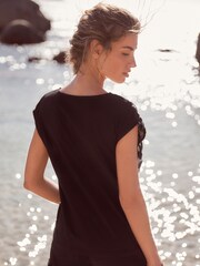 Black with Tan Broderie V-Neck Lace Detail Short Sleeve Top - Image 2 of 6
