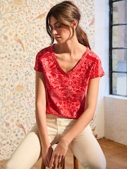 William Morris Red Floral V-Neck Bubble Hem Top - Image 1 of 5