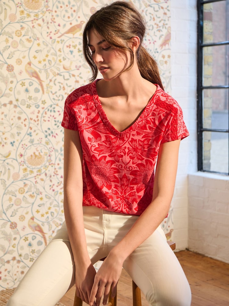 William Morris Red Floral V-Neck Bubble Hem Top - Image 1 of 5