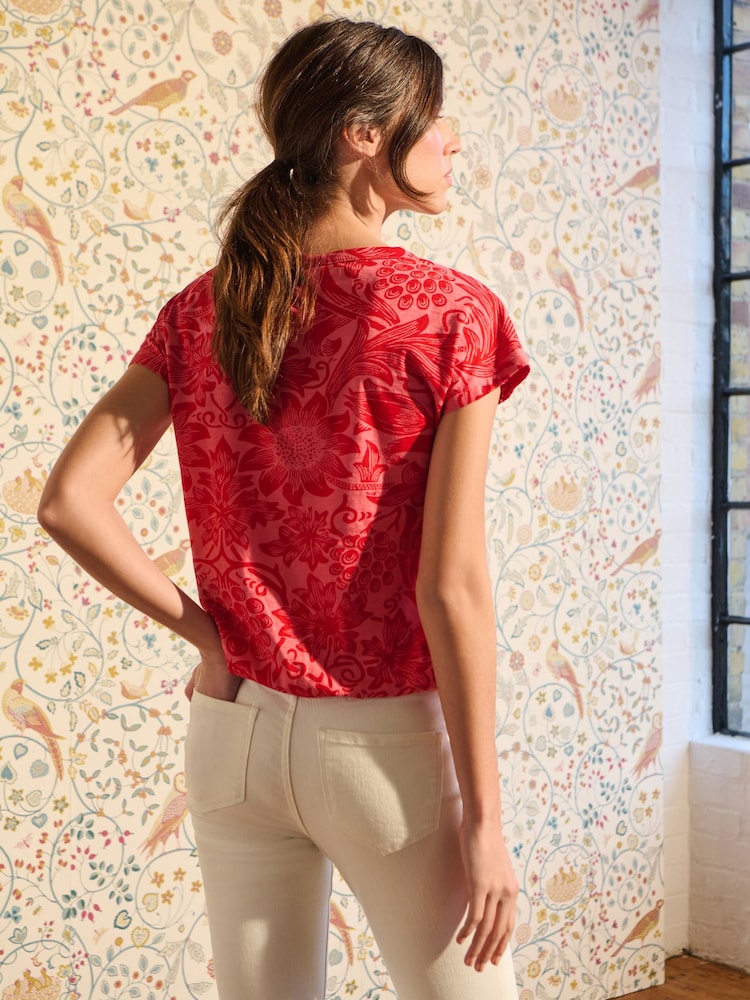 William Morris Red Floral V-Neck Bubble Hem Top - Image 2 of 5