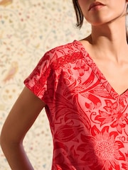 William Morris Red Floral V-Neck Bubble Hem Top - Image 3 of 5