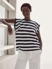 White/Blue Crew Neck 100% Cotton Look Slub Jersey Cap Sleeve Printed T-Shirt - Image 2 of 6