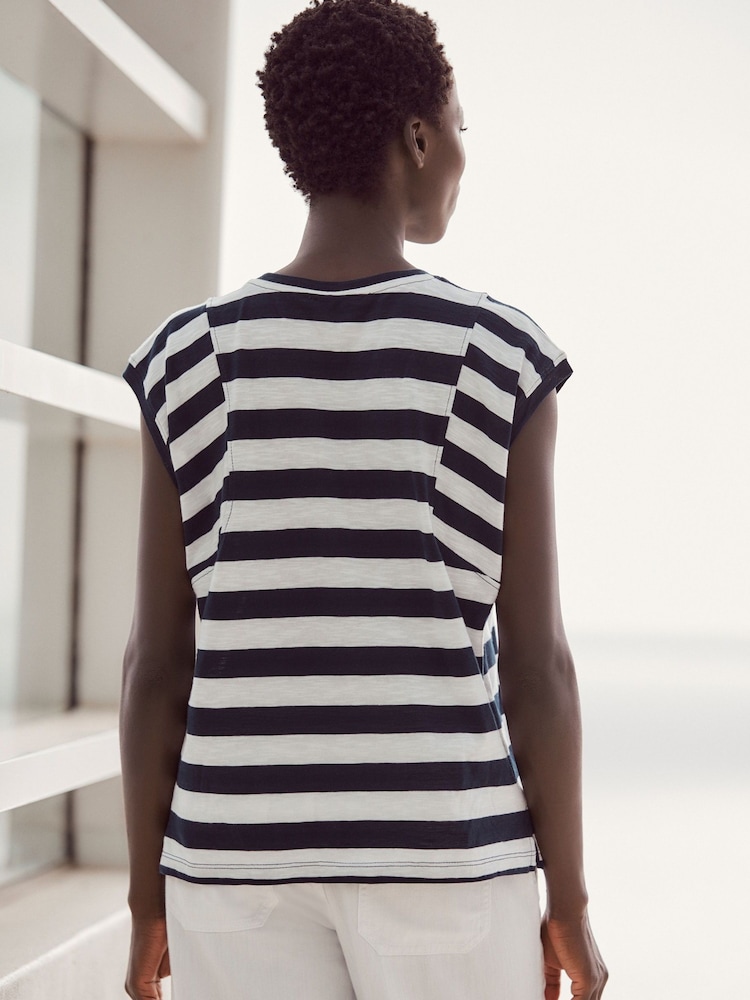 Blanc/Bleu - Col rond  100% Cotton Look Slub Jersey Mancherons Printed T-shirt - Image 3 of 6