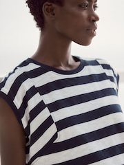 White/Blue Crew Neck 100% Cotton Look Slub Jersey Cap Sleeve Printed T-Shirt - Image 4 of 6