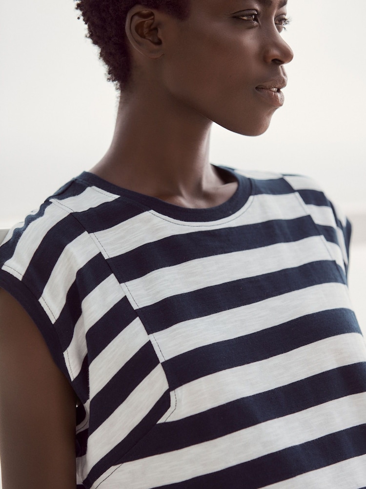 Blanc/Bleu - Col rond  100% Cotton Look Slub Jersey Mancherons Printed T-shirt - Image 4 of 6