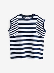 White/Blue Crew Neck 100% Cotton Look Slub Jersey Cap Sleeve Printed T-Shirt - Image 5 of 6