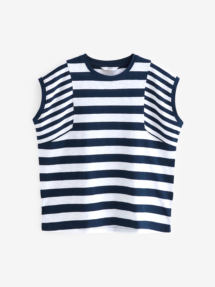 Blanc/Bleu - Col rond  100% Cotton Look Slub Jersey Mancherons Printed T-shirt - Image 5 of 6