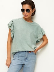 Sage Green Sparkle Stud Ruffle Sleeve T-Shirt - Image 1 of 7