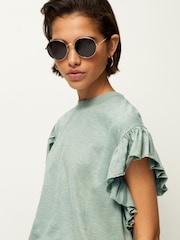 Sage Green Sparkle Stud Ruffle Sleeve T-Shirt - Image 3 of 7