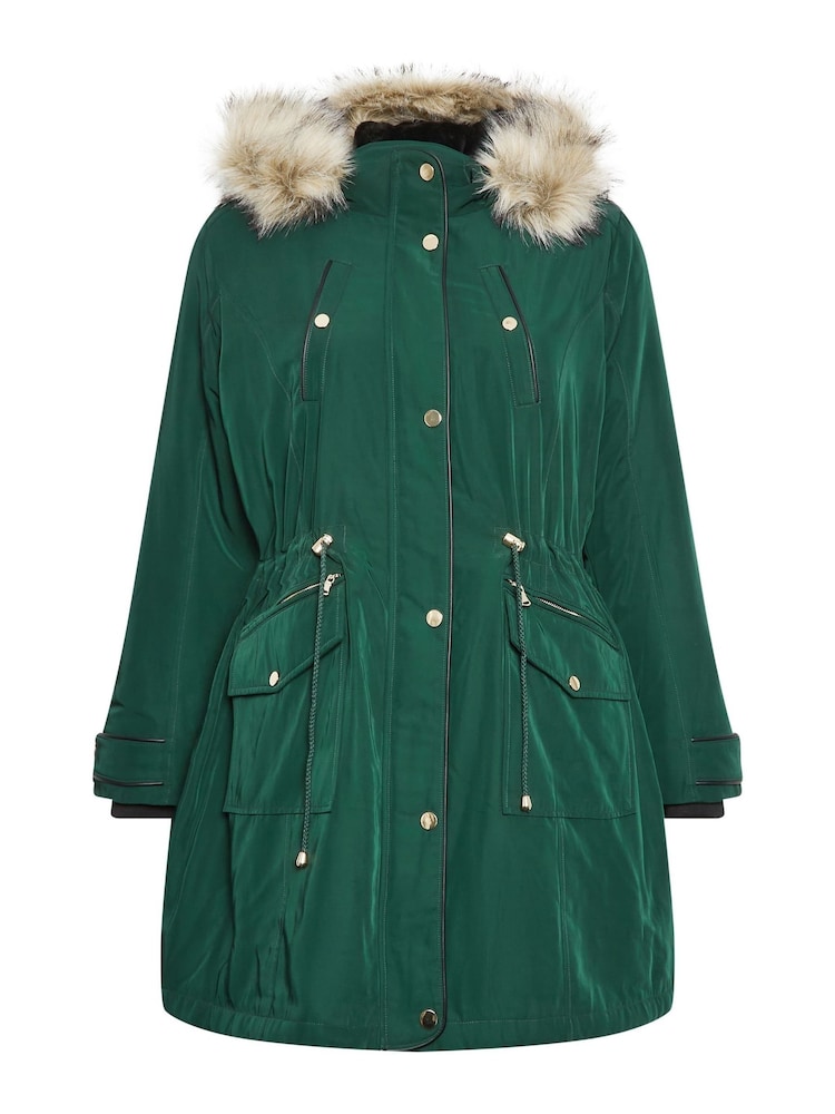 Yours Curve Green Plush Faux Fur Trim Parka - Image 1 of 1