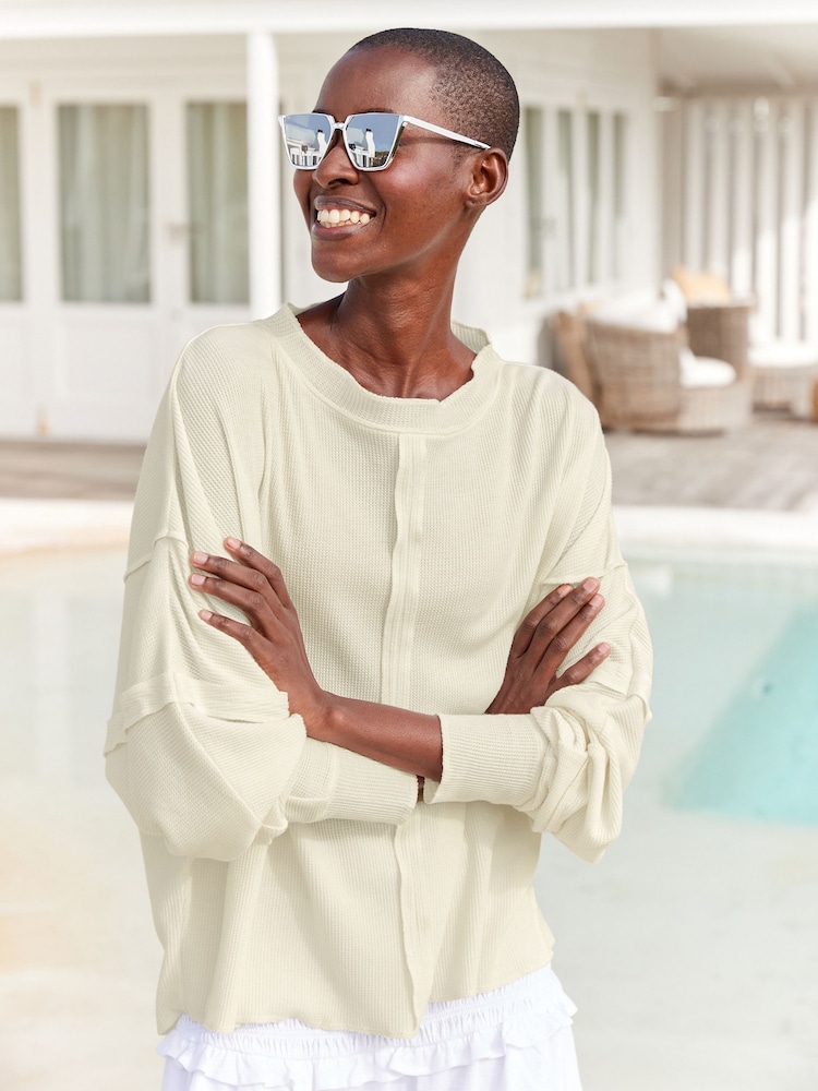 Ecru Seam Detail Waffle 100% Cotton Top - Image 1 of 5