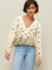 Ecru Paisley Print Long Sleeve V-Neck Twist Front Top - Image 1 of 6