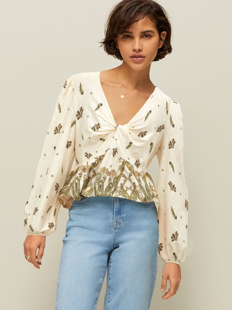 Ecru Paisley Print Long Sleeve V-Neck Twist Front Top - Image 1 of 6