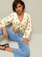 Ecru Paisley Print Long Sleeve V-Neck Twist Front Top - Image 2 of 6