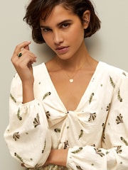 Ecru Paisley Print Long Sleeve V-Neck Twist Front Top - Image 4 of 6