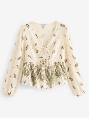 Ecru Paisley Print Long Sleeve V-Neck Twist Front Top - Image 5 of 6