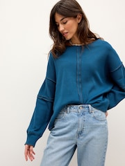 Teal Blue Seam Detail Waffle 100% Cotton Top - Image 1 of 6