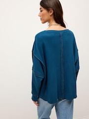 Teal Blue Seam Detail Waffle 100% Cotton Top - Image 3 of 6