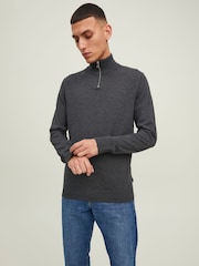 JACK & JONES Grey Quarter Zip Knitted Jumper - Image 1 of 5