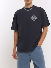 River Island Black Oversized 100% Cotton Gothic Washed Skull T-Shirt - Image 1 of 5