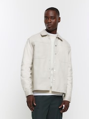 River Island Natural 100% Cotton Popper Front Overshirt - Image 1 of 5
