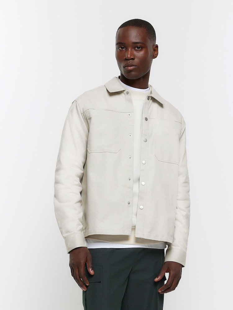 River Island Natural 100% Cotton Popper Front Overshirt - Image 1 of 5