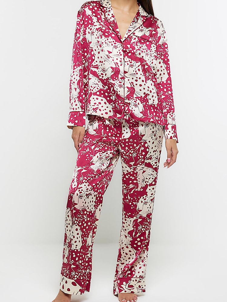 River Island Pink Satin Animal Print Pyjama Shirt - Image 1 of 4 River Island Pink Satin Animal Print Pyjama Shirt - Image 1 of 4