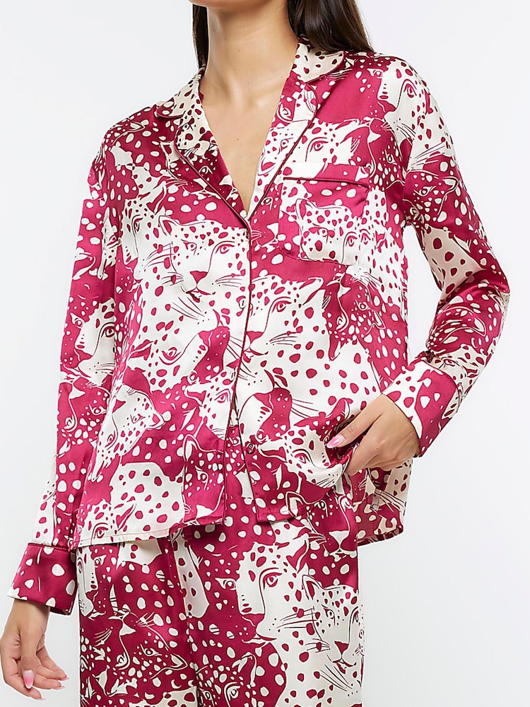 River Island Pink Satin Animal Print Pyjama Shirt - Image 2 of 4