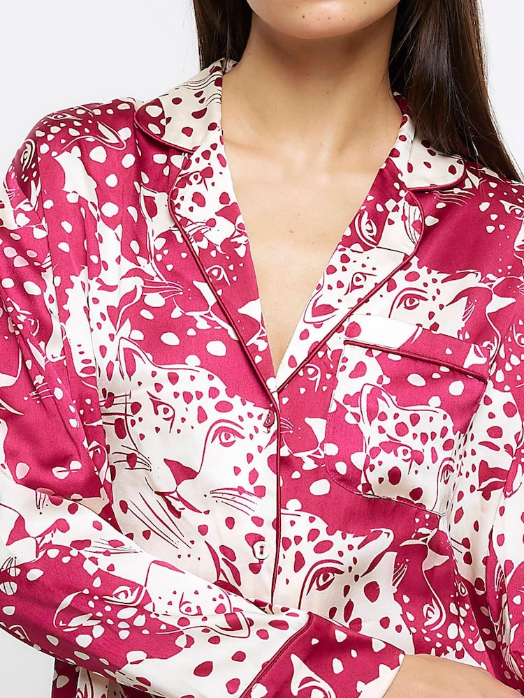River Island Pink Satin Animal Print Pyjama Shirt - Image 4 of 4 River Island Pink Satin Animal Print Pyjama Shirt - Image 4 of 4