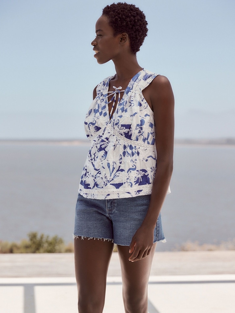 Blue Print Broderie Sleeveless Tie Top - Image 1 of 1