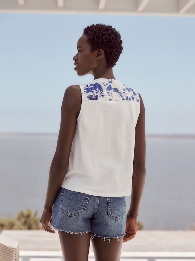 Blue Print Broderie Sleeveless Tie Top - Image 2 of 6
