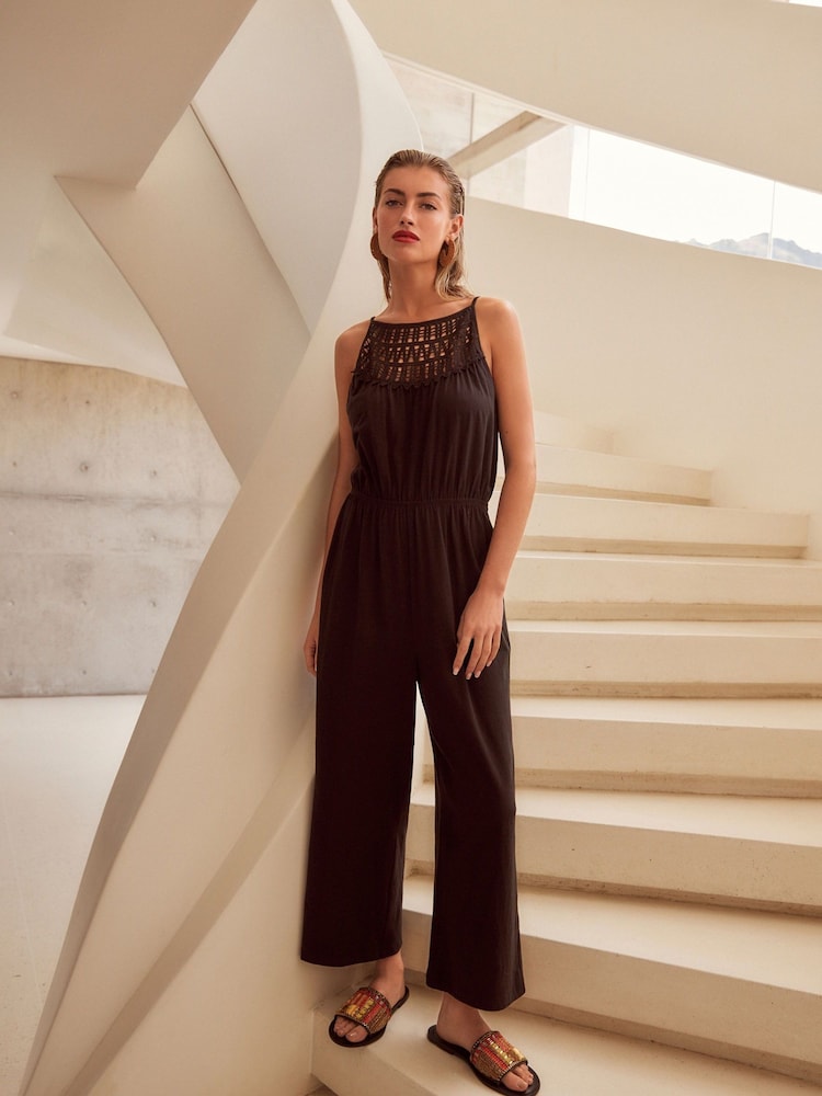 Black Crochet Detail Sleeveless Wide Leg 100% Cotton Jumpsuit - Image 1 of 6 Black Crochet Detail Sleeveless Wide Leg 100% Cotton Jumpsuit - Image 1 of 6