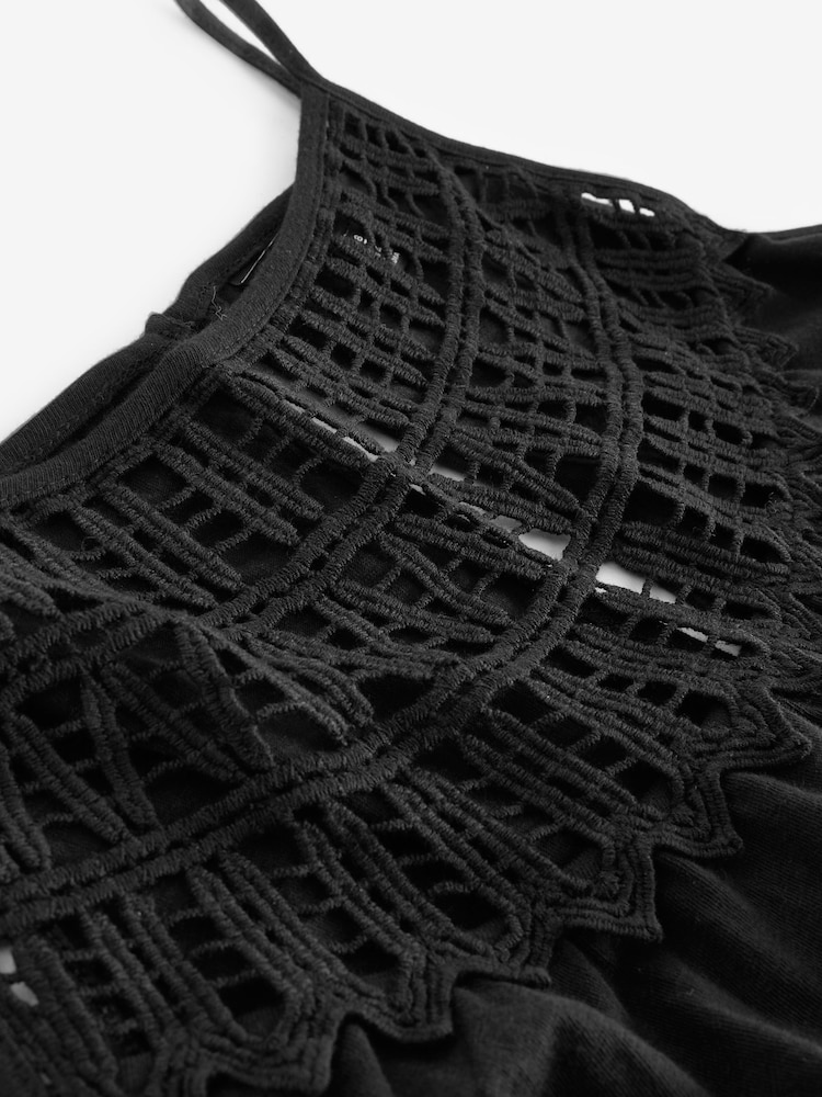 Black Crochet Detail Sleeveless Wide Leg 100% Cotton Jumpsuit - Image 6 of 6 Black Crochet Detail Sleeveless Wide Leg 100% Cotton Jumpsuit - Image 6 of 6