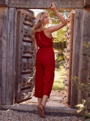 Red Crochet Detail Sleeveless Wide Leg Cotton Jumpsuit - Image 3 of 6