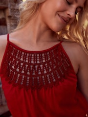 Red Crochet Detail Sleeveless Wide Leg Cotton Jumpsuit - Image 4 of 6