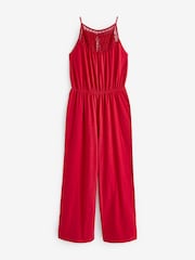 Red Crochet Detail Sleeveless Wide Leg Cotton Jumpsuit - Image 5 of 6