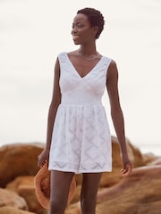 White White V-Neck Crochet Jersey Playsuit - Image 1 of 6