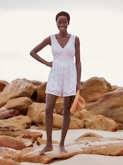 White White V-Neck Crochet Jersey Playsuit - Image 2 of 6