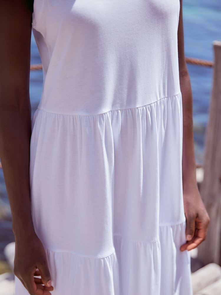 White Sleeveless 100% Cotton Crew Neck Tiered Summer Maxi Jersey Dress - Image 2 of 6