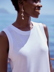 White Sleeveless 100% Cotton Crew Neck Tiered Summer Maxi Jersey Dress - Image 3 of 6