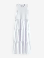 White Sleeveless 100% Cotton Crew Neck Tiered Summer Maxi Jersey Dress - Image 5 of 6