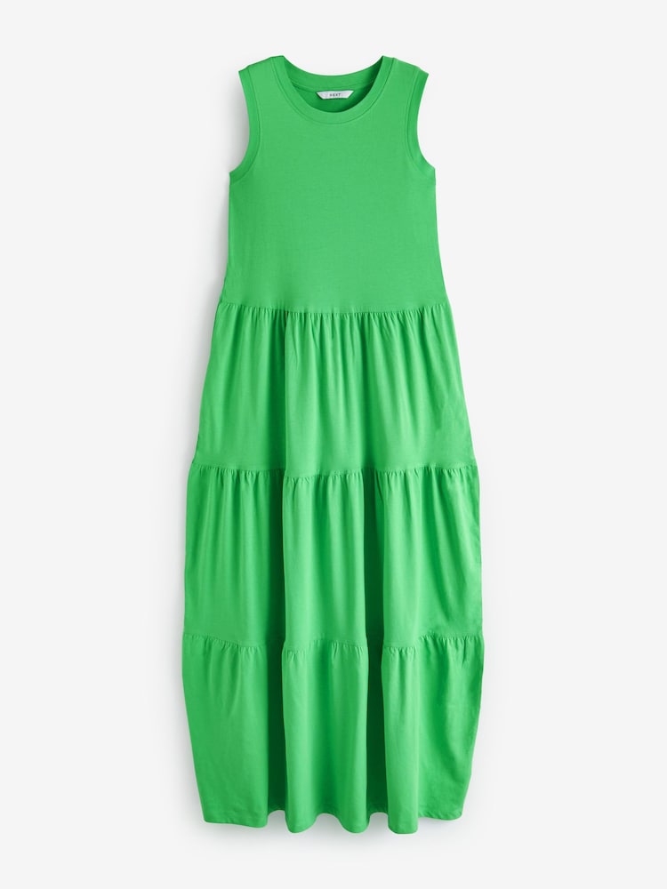 Green Sleeveless 100% Cotton Crew Neck Tiered Summer Maxi Jersey Dress - Image 2 of 3