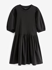 Black Puff Sleeve Mini Jersey Dress - Image 1 of 4