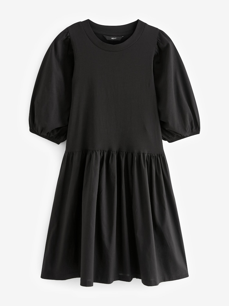 Black Puff Sleeve Mini Jersey Dress - Image 1 of 4
