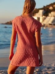 Coral Pink Crochet Mini Dress - Image 3 of 6