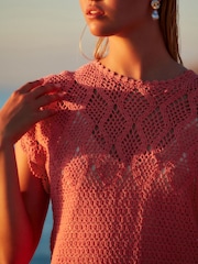 Coral Pink Crochet Mini Dress - Image 4 of 6
