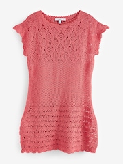 Coral Pink Crochet Mini Dress - Image 5 of 6